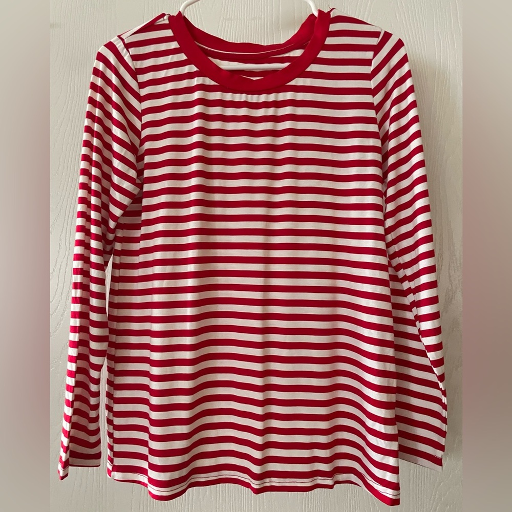 Romwe women’s basic long sleeve round neck loose casual stripe t-shirt red XS